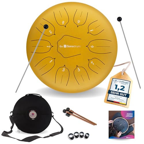 Sonodrum Zungentrommel 'Standard' C - Dur in Gold - 30 cm groß mit 11 Tönen - Steel Tongue Drum inkl. Liederbuch, Schlägel, Fingersticks und Tragetasche - Notenlesen nicht nötig, einfach zu spielen.