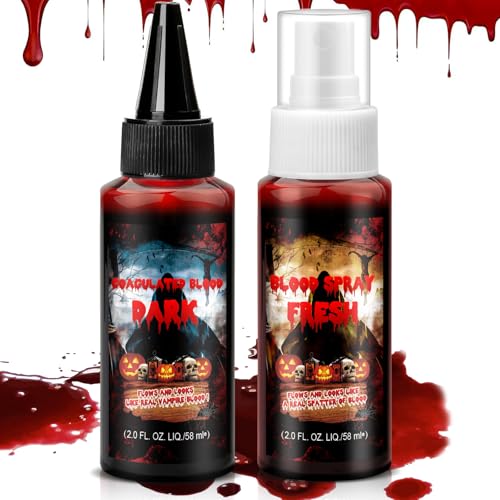 2 Pcs Abwaschbares Kunstblutspray & Blutcreme Halloween Kunstblut Spray Spritzer, KHOLEZ Flüssiges Blut für Kleidung Augen Gesicht Haut, Kunstblutschminke für Vampir Monster Zombie Braut Kostüme 58ml