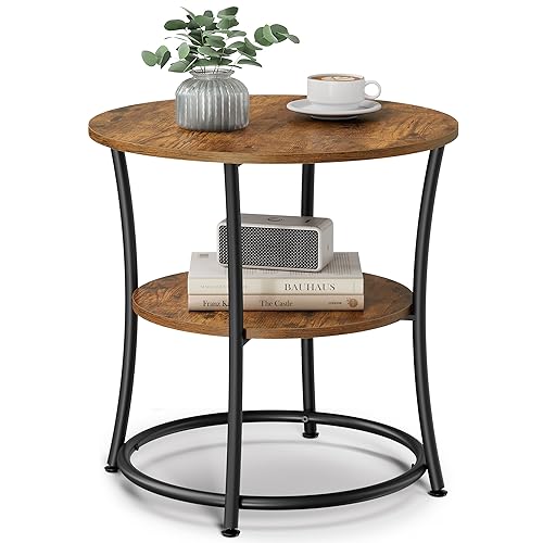 VASAGLE Beistelltisch, Couchtisch rund, Sofatisch, 2 Ablagen, Wohnzimmer, Schlafzimmer, einfacher Aufbau, Stahlrahmen, Industrie-Design, vintagebraun-tintenschwarz LET56BX