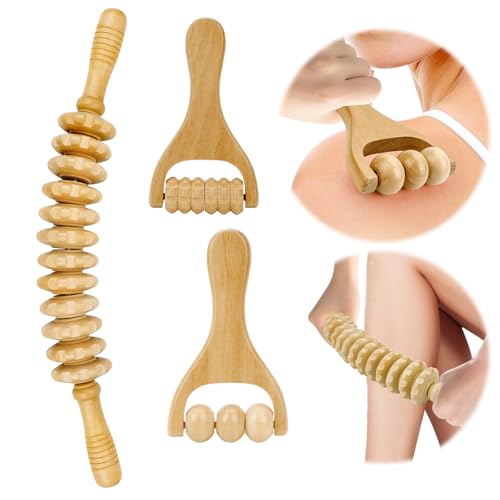 Faszienstab Holz - 3 Stück Faszienrolle, Massageroller für Rücken, Cellulite & Mehr, Entspannt Effektiv die Muskeln und Lindert Müdigkeit, für Zuhause, Büro, Reisen