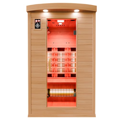 Dewello® Infrarotkabine Infrarotsauna Hyder 115x105 für 1-2 Personen aus Hemlock Holz mit Vollspektrumstrahler, LED-Farblicht, Bluetooth, FM,MP3,USB