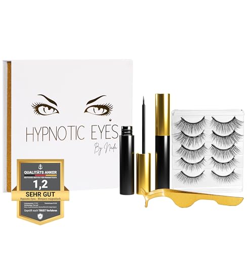 HYPNOTIC EYES – Magnetische Wimpern mit Eyeliner, Set 5 Paar 3D Effekt natürlich aussehende Wimpern, 2 Tuben Eyeliner und eine Zange, Magnet Wimpern wiederverwendbar, handgemacht