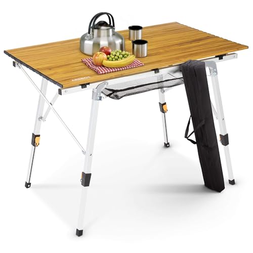Arebos Campingtisch faltbar 90 x 51,5 cm | Klapptisch höhenverstellbar 47-69 cm | Camping Zubehör, Garten, Grill, Picknick | Camping Tisch klappbarer Falttisch | Reisetisch inkl. Tragetasche | Braun