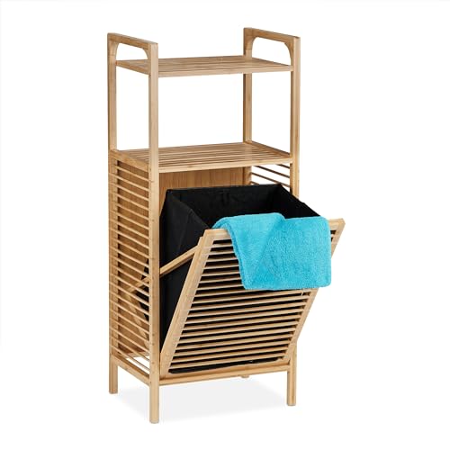 Relaxdays Badregal mit Wäschekorb, 2 Ablagen, HBT: 95 x 40 x 30 cm, Wäschesammler kippbar, Bambus, Stoff, Natur/schwarz