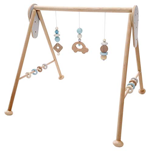 Hess Holzspielzeug 13383 - Spielgerät aus Holz, Serie Auto, für Babys, handgefertigter Spielbogen mit Figuren und Rasseln, nature blau, ca. 60 x 58 x 55 cm