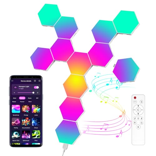 MeRGBW-Home 12 Pcs Hexagon LED Panels, Sechseck Gaming Deko LED Wandleuchte, Musik Sync, APP-Kontrolle, Fernbedienungen, Sechseck Waben Wall Lights Gaming Zubehör Hexa Lampe Smart Zuhause Wand Deko
