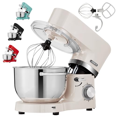 Arebos Küchenmaschine 1500W Creme | Knetmaschine mit 2x Edelstahl-Rührschüsseln 4,5 & 5,5L | Geräuscharm | Küchenmixer mit Rührhaken, Knethaken, Schlagbesen und Spritzschutz | 6 Geschwindigkeiten