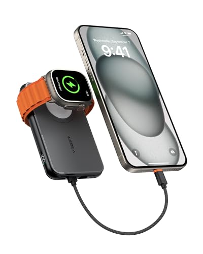 VEGER Mini Power Bank 20W PD,10000mAh Powerbank mit Eingebautem Apple auf USB C Kabel, mit Apple Watch Laden, 2X USB-C, Externer Handyakku mit LED kompatibel mit iPhone, Apple Watch(9-1), Handys usw