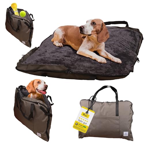 Wanderpfote Hundebett für Unterwegs – hochwertiges Orthopädisches Hundebett – praktische Tragetasche für Gepäck oder Tragehilfe Hund – Hundematte OekoTex und GSR Zertifiziert (Oliv, M)