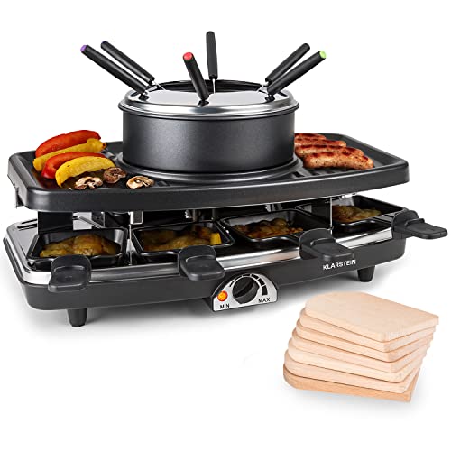 Klarstein 3-in-1 Raclette Fondue Kombi und Grill, 1100W - Set mit Steinplatte, Elektrischer Grill für 8 Personen mit 8 Pfännchen & Fonduegabeln, Raclette-Gerät
