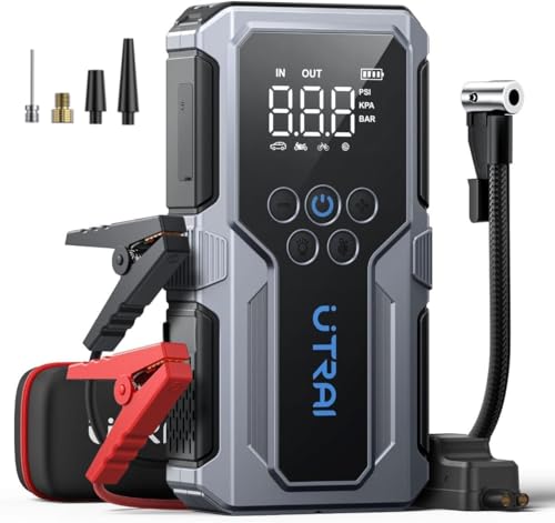 UTRAI Starthilfe Powerbank mit Kompressor 4500A, Booster Auto Starthilfe mit 18-W-Schnellladung, LED-Taschenlampe, Zwangsstart, 12V Jump Starter Powerbank Bis zu 8.5L Benzin & 6.5L Dieselmotor
