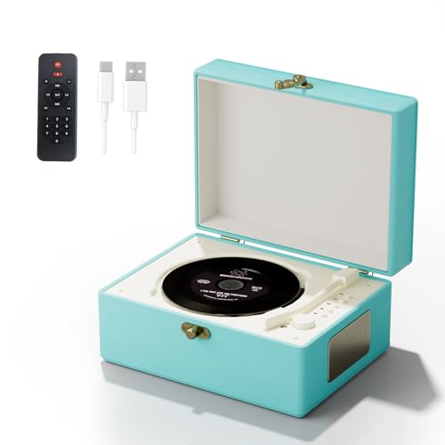 Tragbarer Leder-CD-Player mit Bluetooth, Fernbedienung, Integriertem Akku, Blau