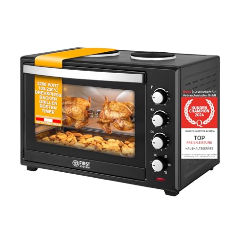 TZS First Austria Mini-Backofen mit Kochplatten | 60L Kapazität | 3400W, Umluft, max 230°C | geeignet für Camping, Wohnheim & Kleinküchen