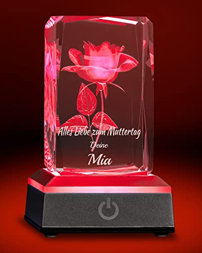 Smyla 3D LED-Glas mit Gravur (2 Zeilen Text) I Muttertagsgeschenk I personalisierte Kristall-Lampe mit Rose I LED-Glas für Mama & Oma zum Muttertag
