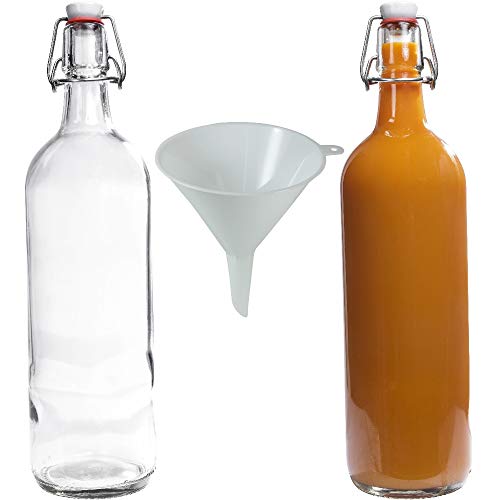 Viva Haushaltswaren - 2 x Glasflasche 1000 ml mit Bügelverschluss aus Porzellan zum Befüllen, als Milchflasche und Saftflasche verwendbar (inkl. Trichter Ø 12 cm)