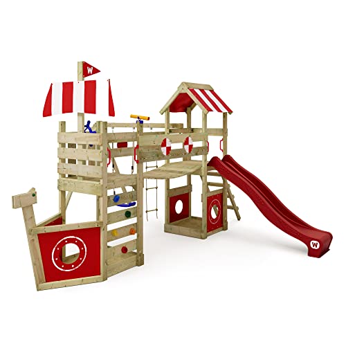 WICKEY Spielturm Klettergerüst StormFlyer mit Schaukel & roter Rutsche, Outdoor Kinder Kletterturm mit Sandkasten, Leiter & Spiel-Zubehör für den Garten