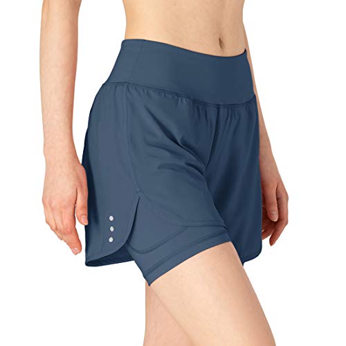 donhobo 2-in-1-Laufhose für Damen Schnell trocknend Atmungsaktiv Aktiv-Training Jogging Shorts Yoga Fitness Kurze Hose (Grau blau, M)