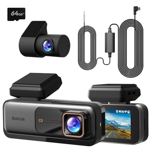 BOTSLAB Dashcam Auto Vorne Hinten 4K+2K mit GPS WiFi und Hardwire-Kit, Dash Cam Auto Kamera mit ADAS, Kostenlose 64-GB-Karte, 24/7 Parküberwachung, 2,45' IPS, Nachtsicht, WDR, 170°Weitwinkel