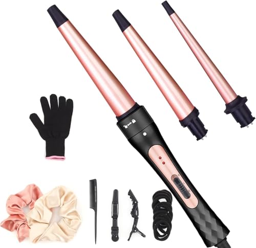 Lockenstab Lockenwickler Set 3 in 1 mit Verschiedenen Aufsätzen für verschiedene Lockenstile, Keramik-Beschichtung, Schnelle Erwärmung, mit Handschuh