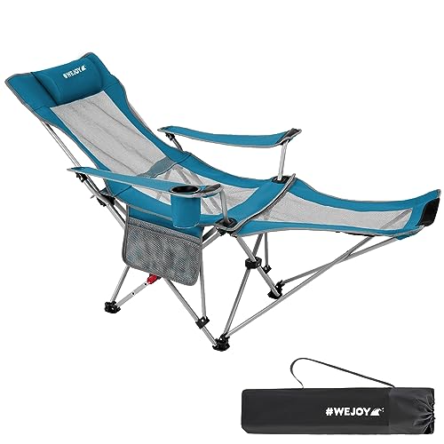 #WEJOY 2-in-1 Campingstuhl Faltbar, Strandstuhl mit Verstellbarer Rückenlehne & Fußstütze Angelstuhl Campingstühle für Erwachsene mit Wattepad Kissen Getränkehalter Armlehnentaschen Cyan/Grau