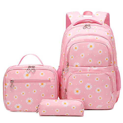 SIVENKE Schulrucksack Mädchen Teenager Damen Schultasche Rucksack Set Gänseblümchen Schulranzen für Mädchen Schule Freizeit mit Lunchpaket Tasche und Mäppchen