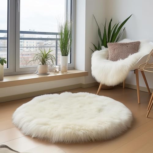 Woolous Schaffell Teppich Echt Groß, Runder Flauschiger Teppiche 100cm, Neuseeland Wollteppich Super Shaggy Bettvorleger, Hochflor Teppich für Wohnzimmer, Schlafzimmer (Elfenbein)