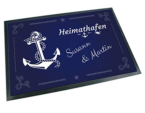 Unikatolo Fußmatte Anker Heimathafen mit Name personalisiert - Fußabtreter Dunkelblau für Familien & Paare zur Hochzeit, Einweihungsparty Familienname Ankerplatz Hausboot Dekoration (60 x 40 cm)