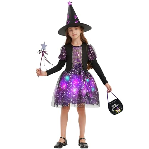 Ulikey Hexenkostüm Mädchen, Hexe Kostüm Kinder mit Lichter, Tasche, Hexenhut und Zauberstab, Langarm Hexenkleid Kinder, Mädchen Halloween Fasching Karneval Party Bekleidung, Violett (120)