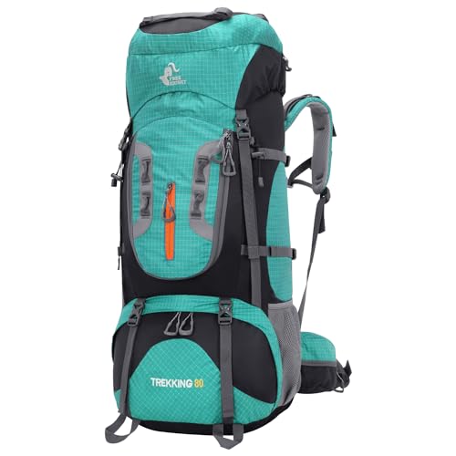 Bseash 80L Wasserdichter Wanderrucksack mit Regenschutz, leichter Outdoor-Sport, Reisen, Tagesrucksack für Klettern, Touren (Seegrün)