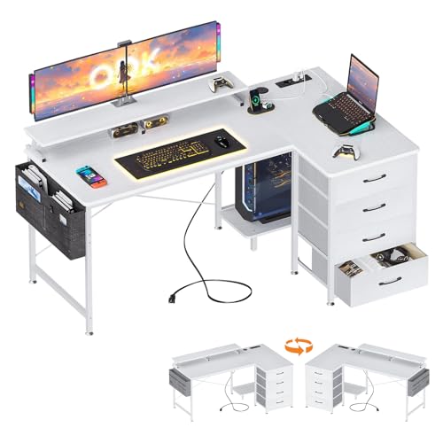ODK Eckschreibtisch mit 4 Stoff Schubladen, 140x80cm Schreibtisch L Form Reversibler mit USB-Ladeanschluss und Steckdose, L förmiger Schreibtisch mit Monitorablage für Homeoffice, Weiß