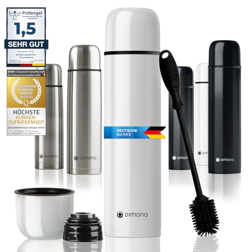 Edelstahl Thermosflasche mit Becher & Bürste; Thermoskanne Doppelwandige Isolierkanne; Auslaufsicher, Spülmaschinenfest & BPA-frei + Reinigungsbürste; hält Getränke heiß & kalt (Weiß - 1000 ml)