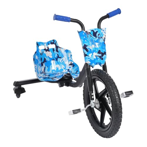 Drift Trike Kinder Elektro Driftscooter 90x68x60cm bis 80kg Hochwertiges Drifter Dreirad Rutscher mit Hinterrädern Geeignet für Kinder ab 6 Jahren (Blauer Tarnanstrich)