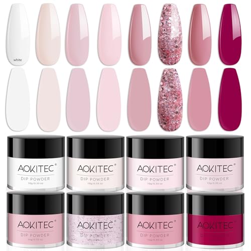 Aokitec 8 Farben Dipping Powder, Pink Series Nail Dipping Powder für French Nail Art, Nagelpuder für Nägel Selber Machen, Einfach anzuwenden, Keine Lampe erforderlich, Geschenke für Frauen