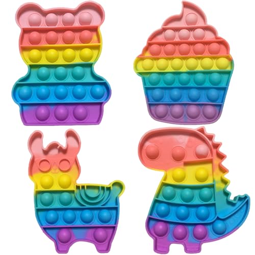 Cuackamily 4PCS Pop Bubble Fidget Toy Set,Relief Angst Autismus Antistress Spielzeug Regenbogen Dinosaurier Alpaka Bär Eiscreme, Sensorisches Fidget Spielzeug,Gastgeschenke für Kinder und Erwachsene