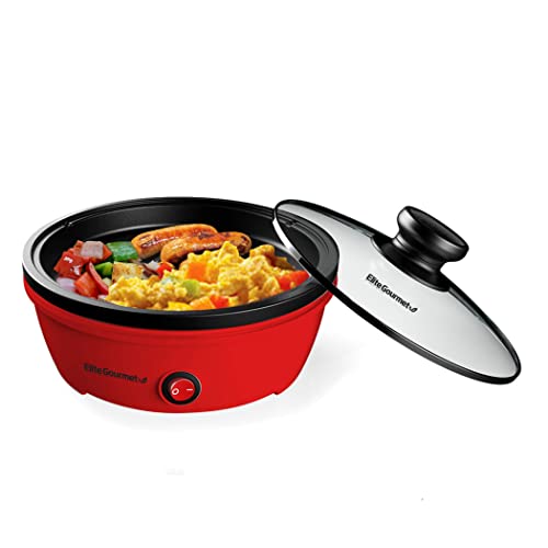 Elite Gourmet EGL-6101 Persönliche Bratpfanne, elektrisch, schnelles Aufheizen, 650 W, antihaftbeschichtet, mit Deckel aus gehärtetem Glas, rot