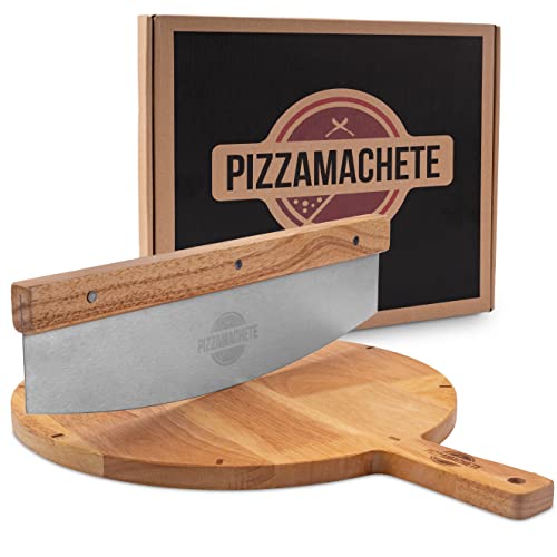 PIZZAMACHETE Pizzaschneider + Pizzabrett , Pizza Set bestehend aus Wiegemesser und Pizzaschneidebrett, -Zubehör mit Cutter aus rostfreiem Edelstahl, Bretter Holz-Griff