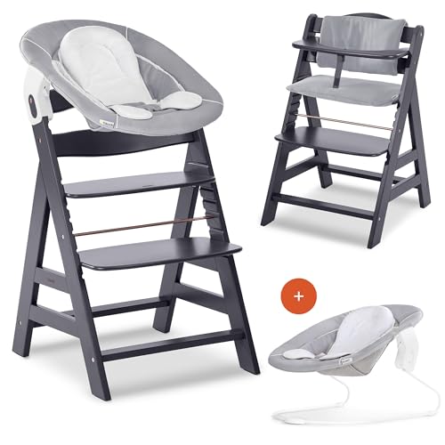 hauck Hochstuhl Alpha Plus Newborn Set mit 2in1 Bouncer - Mitwachsender Holz Babyhochstuhl ab Geburt, inkl. Sitzauflage & Neugeborenenaufsatz - Dark Grey