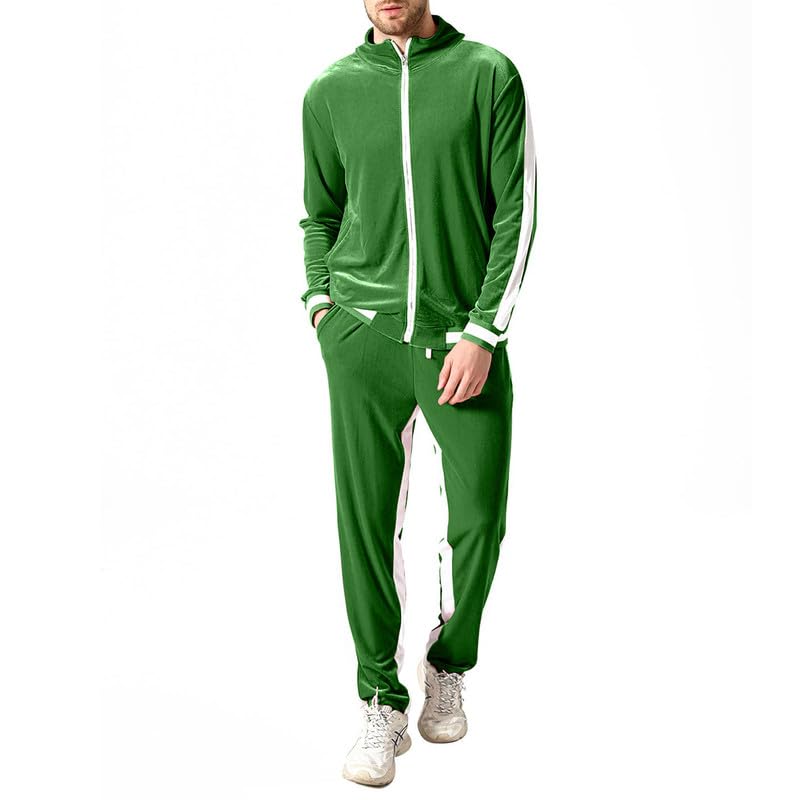 KISSQIQI Herren Velours Trainingsanzüge 2-teilig Reißverschluss Sport Anzüge Gold Samt Jacke & Hose Trainingsanzug Sets Casual Outfits, Grün/Weiß, Large