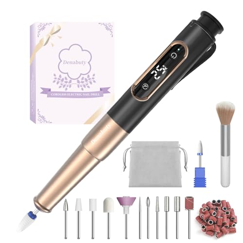 Nagelfräser, Denabuty Elektrische Nagelfeile Kabellos 12 in 1 Fräser für Gelnägel 25000 u/Min, USB Wiederaufladbare, 5 Verstellbare Geschwindigkei, Maniküre Pediküre Set Schwarz
