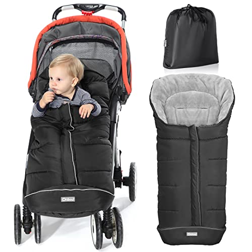 Orzbow Fußsack für Kinderwagen Buggy,Baby Fußsack Schlafsack,Babyfußsack für Babyschale,Winterfußsack mit Reißverschluss Waschbar Passend für Alle Kinderwagen (Schwarz,Groß)