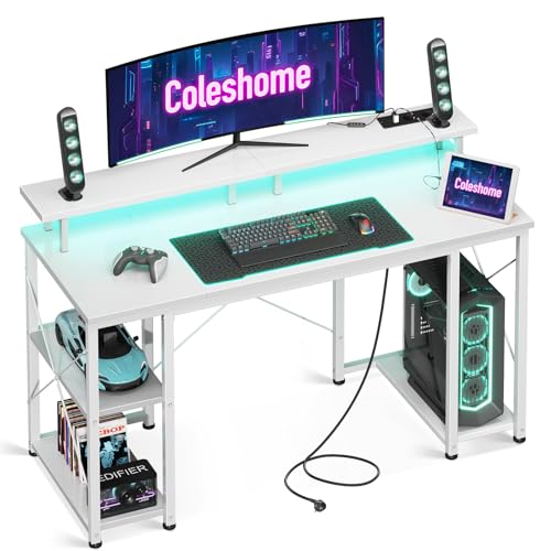 Coleshome Gaming Tisch mit LED-Beleuchtung, Computertisch mit 2 Steckdosen & 2 USB-Anschlüssen, Gaming Schreibtisch mit Monitorständer & Stauraum, Home Office Schreibtisch, Weiß, 120x50cm