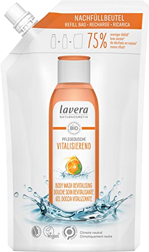 lavera Nachfüllbeutel Pflegedusche Vitalisierend - Duschgel mit Bio-Orange & Bio-Minze - hautschonende & sanfte Reinigung - sonnig-frischer Orangenduft - Naturkosmetik - vegan - Bio (1 x 500 ml)