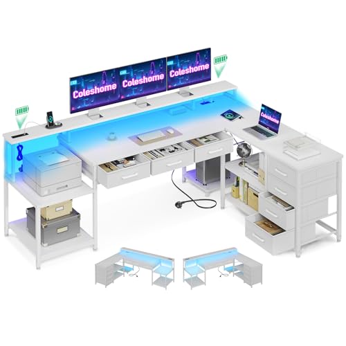 Coleshome Gaming Tisch mit 7 Schubladen & Großzügigem Stauraum, 199.5×145.5cm Eckschreibtisch mit RGB LED, Reversibler Schreibtisch L Form mit 2 Steckdosen, Ideal für Büro & Gaming, Weiß