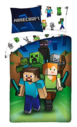 Minecraft Bettwäsche 100% Baumwolle – Bettbezug 140 x 200 cm + Kissenbezug 70 x 90 cm