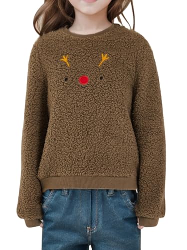 Haloumoning Mädchen Weihnachtspullover Niedlich Rentier Print Weihnachten Sweatshirts Kinder Herbst Winter Rundhalsausschnitt Kleidung Oberteile Braun, 12-14 Jahre