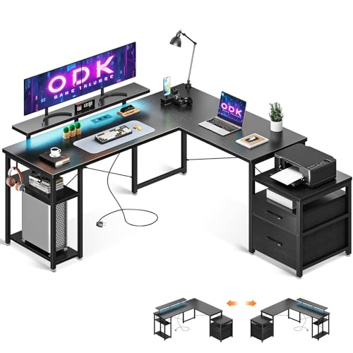 ODK Schreibtisch mit Monitorständer und LED, Eckschreibtisch mit kleinem und großem Schubladen für Aktenordner, Bürotisch Schwarz mit USB-Ladeanschluss & Steckdose, 165×148cm für Home Office