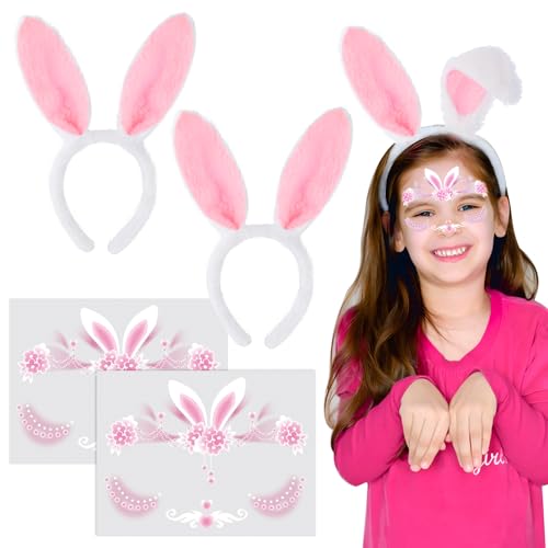 BOOMTOP 2 Stück Hasenohren Haarreif Plüsch Ostern Hase Ohren Haarbänder mit 2 Hasen Gesichtstattoos Kaninchen Stirnbänder Haarschmuck Bunny Face Art Sticker Tattoos für Ostern Karneval Fasching