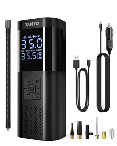 TANYO Elektrische Luftpumpe Fahrrad Akku Kompressor, 150PSI Mini Fahrradpumpe Elektrisch mit Manometer, Tragbare Luftpumpe Elektrisch mit USB LED Licht für Auto, Fahrrad, Motorrad, Bäll