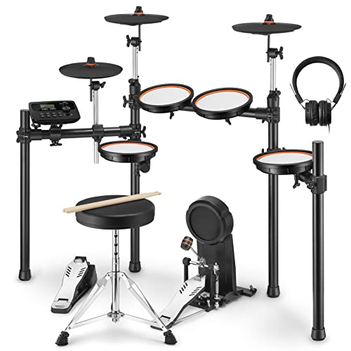 E-Drum-Kit für Erwachsene, Donner DED-100 E-Drum-Set Anfänger in voller Größe mit 425 Sounds, Twin-Pedal-Kompatibilität, Kopfhörer/Stick/Drum-Thron inklusive und 40 Melodik-Lektionen