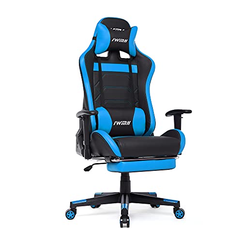 Intimate WM Heart Gaming Stuhl, Ergonomischer Gamer Stuhl mit Fußstütze, Racing Bürostuhl, PU Drehstuhl mit hoher Rückenlehne und Lendenwirbelstütze (Blau)